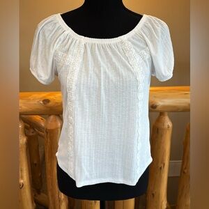 Belle Du Jour Peasant Top, White, Off Shoulder, Lace Trim, Flutter Sleeves Small